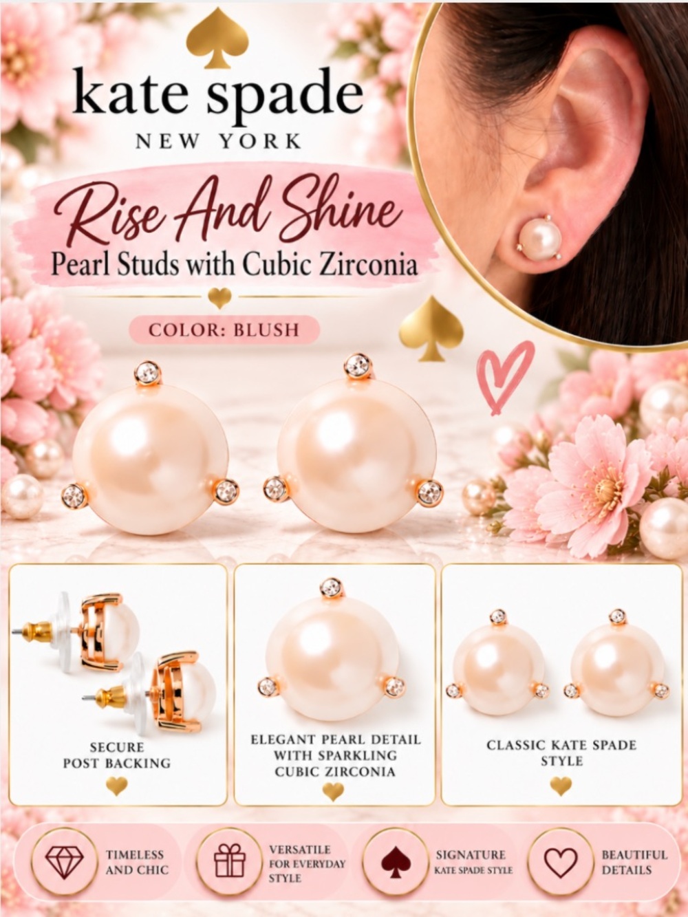 Kate Spade Rise and Shine Pearl Stud Earrings NWT